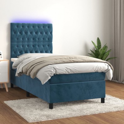 vidaXL Pat continental cu saltea&amp;amp;LED albastru &amp;icirc;nchis 80x200 cm catifea 3136273 foto