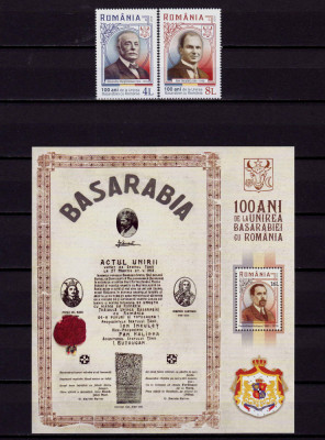 RO 2018 LP 2186+a &amp;quot; 100 ani Unirea Basarabiei &amp;quot;, serie + colita 729 , MNH foto