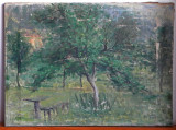 In gradina - tablou ulei pe panza semnat 1943, pictura originala, sasiu 61x45cm, Natura, Impresionism