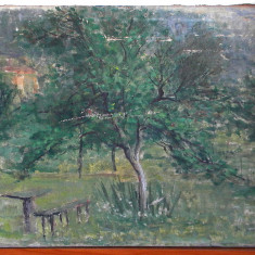 In gradina - tablou ulei pe panza semnat 1943, pictura originala, sasiu 61x45cm