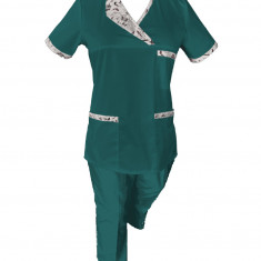 Costum Medical Pe Stil, Turcoaz inchis cu Elastan Cu Paspoal si Garnitură Stil Japonez, Model Nicoleta - 3XL, 3XL