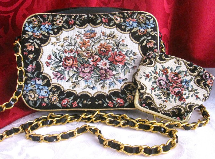 POSETA GEANTA DE UMAR SI PORTMONEU CU DECOR TIP GOBLEN - TAPISERIE