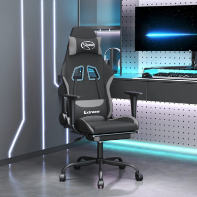 vidaXL Scaun gaming cu masaj/suport picioare, negru/gri deschis textil foto