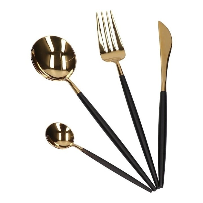 Set 24 de tacamuri, din otel inoxidabil, potrivit pentru 6 persoane, design modern, negru/auriu