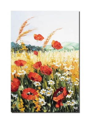 Tablou cu maci, margarete si spice de grau pictat manual, 60x40cm ulei pe panza in cutit efect 3D, Valentin Pop foto