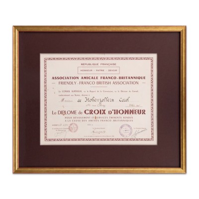 Principele Carol al II-lea, Diploma Crucii de Onoare oferită de Asociația Amicală Franco-Britanică foto