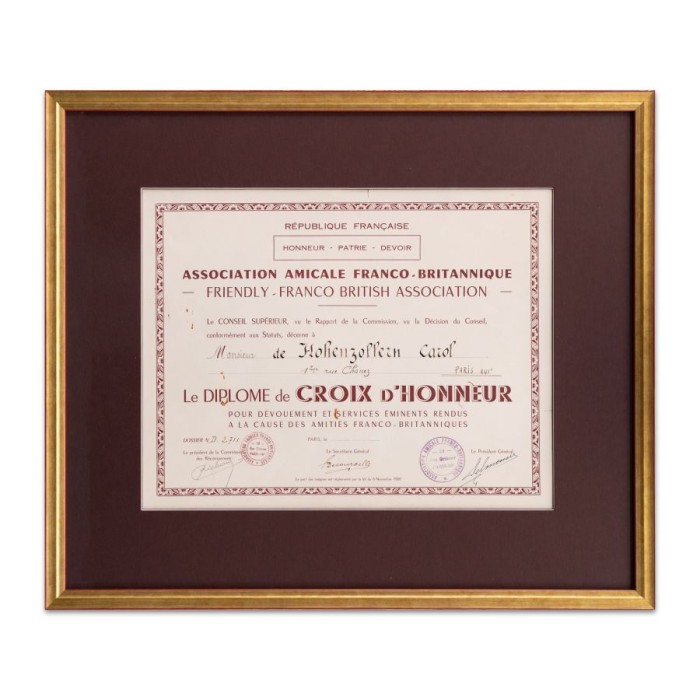 Principele Carol al II-lea, Diploma Crucii de Onoare oferită de Asociația Amicală Franco-Britanică
