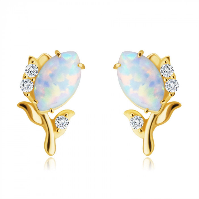 Cercei din aur de 14K - floare cu opal sintetic alb, zirconii mici rotunde, știfturi