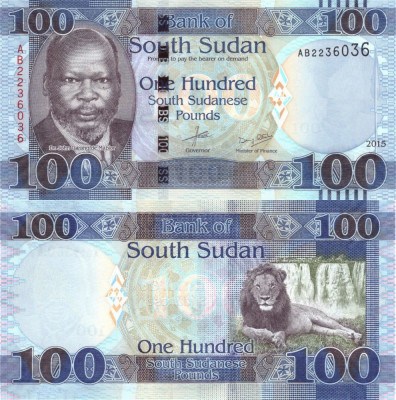 SUDAN DE SUD █ bancnota █ 100 Pounds █ 2015 █ P-15a █ UNC █ necirculata foto
