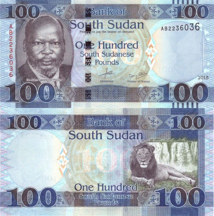 SUDAN DE SUD █ bancnota █ 100 Pounds █ 2015 █ P-15a █ UNC █ necirculata