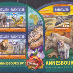 DB1 Fauna Africana Togo 2016 Elefanti Leu Rinocer Crocodili MS + SS MNH