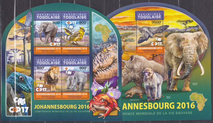 DB1 Fauna Africana Togo 2016 Elefanti Leu Rinocer Crocodili MS + SS MNH