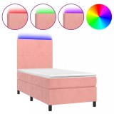 Cumpara ieftin Pat cu arcuri, saltea si LED, roz, 90x190 cm, catifea