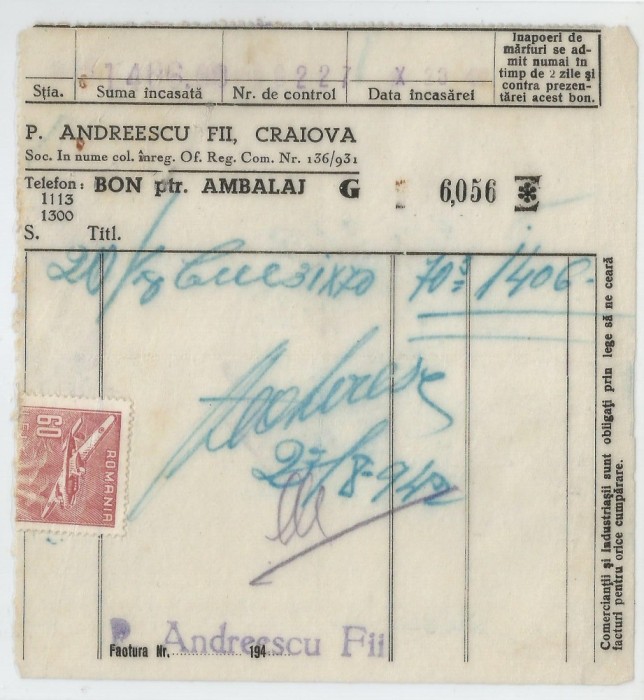 Romania, P. Andreescu Fii, Bon pentru ambalaj, Craiova