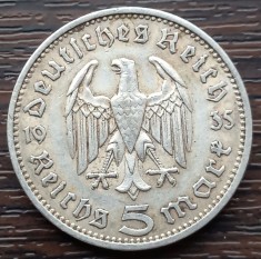 (A753) MONEDA DIN ARGINT GERMANIA - 5 MARK 1935, LIT. F, PAUL VON HINDENBURG