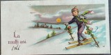 1944 Felicitare interbelică rom&acirc;nească La multi ani! / stampila Monopolul Cartilor Postale Ilustrate / scrisa verso / de colectie / schior anul nou