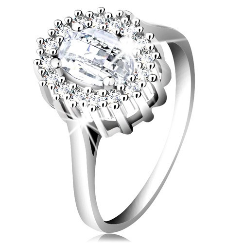 Inel de logodnă din argint 925, zirconiu oval, şlefuit, margine compusă din zirconii mici - Marime inel: 58
