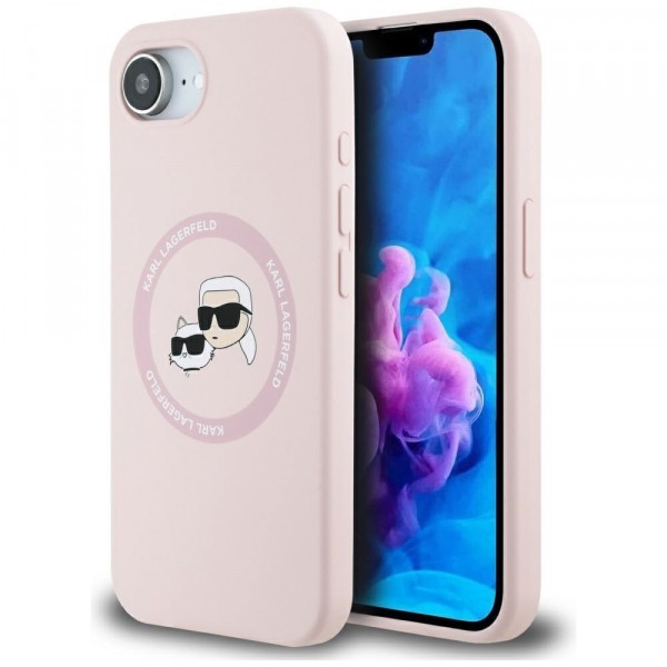 Husa MagSafe pentru Apple iPhone 16e, Karl Lagerfeld, Silicone Karl &amp; Choupette&#039;s Heads, Roz