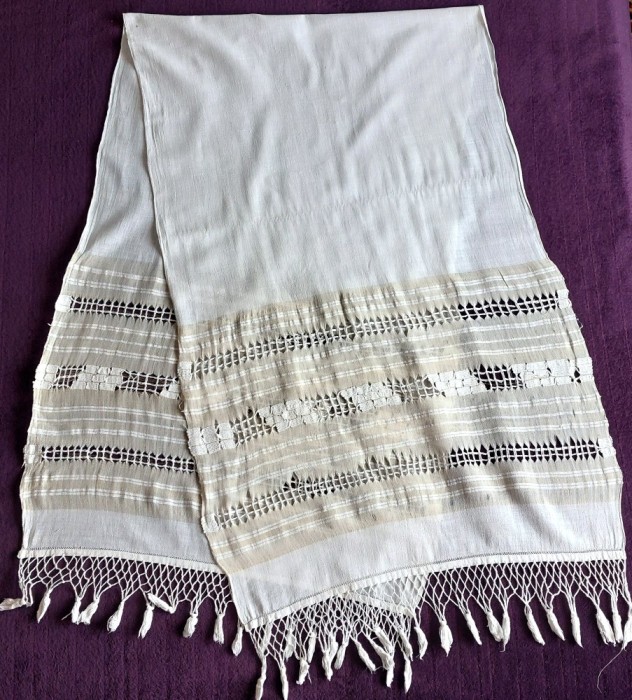 Stergar traditional cusut din in si matase de borangic, dimensiuni 180 x 55 cm