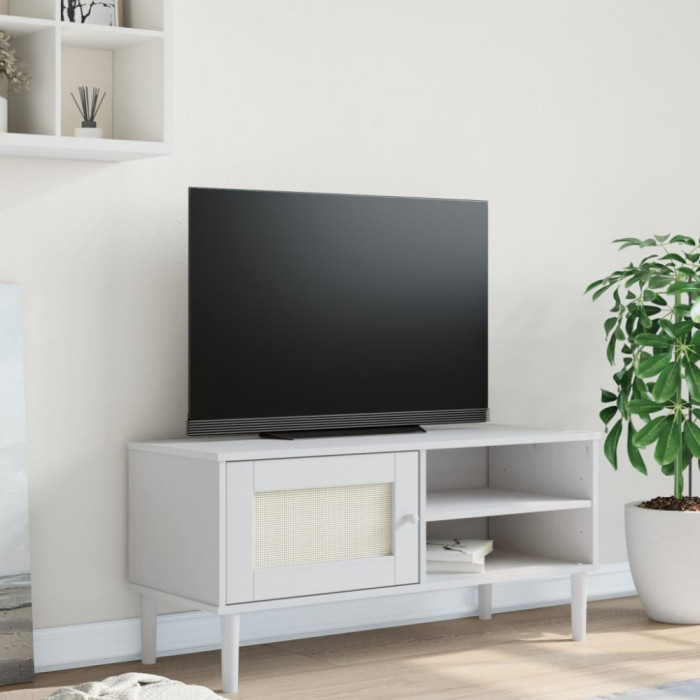 Comoda TV SENJA aspect ratan alb, 106x40x49 cm, lemn masiv pin GartenMobel Dekor
