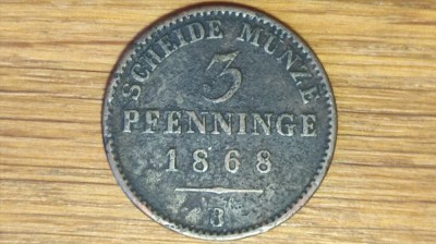 Germania state - Prusia / Prussia - 3 Pfenninge / Pfennig 1868 litera B / Hanovra - rara - Wilhelm I foto