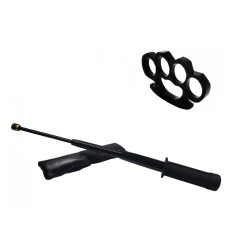 Set baston telescopic flexibil negru maner tip tonfa 47 cm + box negru 0.5 cm grosime