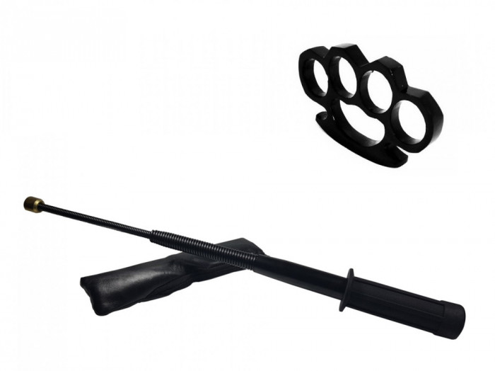 Set baston telescopic flexibil negru maner tip tonfa 47 cm + box negru 0.5 cm grosime