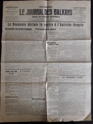 HST PM49 Ziar Le Journal des Balkans București 16 aug 1916 Declarație război foto