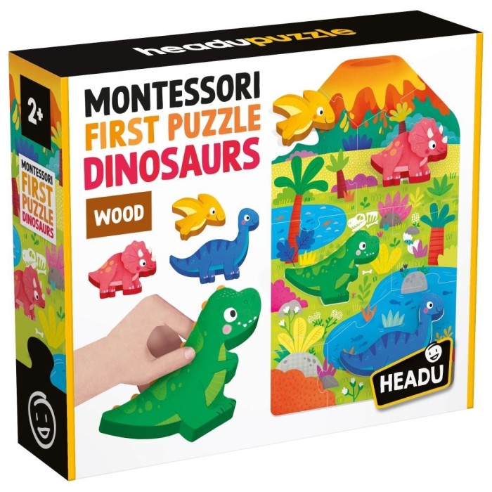 Headu - Montessori primul meu puzzle cu Dinozauri ce include 4 forme din lemn