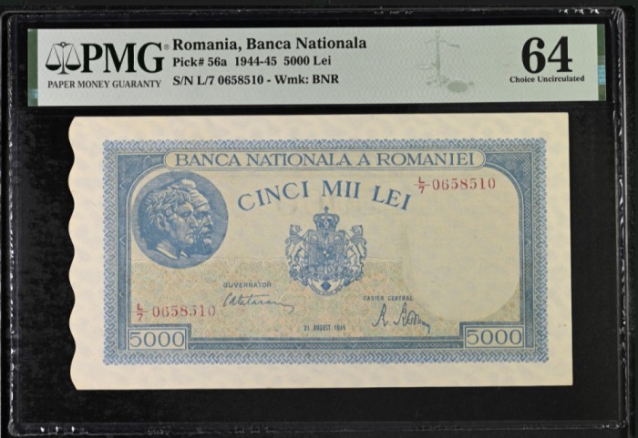 5000 lei august 1945 PMG64 UNC bancnota gradata
