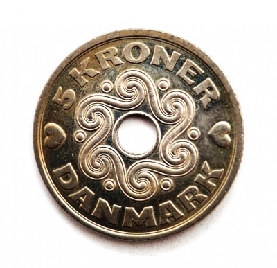 moneda rara DANEMARCA 5 kroner 2000 tiraj mic km # 869 foto