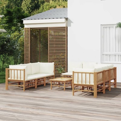vidaXL Set mobilier de grădină, cu perne alb crem, 9 piese, bambus 3155187 foto