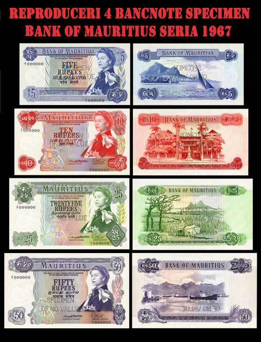 4 reproduceri Seria 1967 ,bancnote specimen Bank of Mauritius.