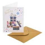Felicitare de ziua de naștere, Albă, cu model cadouri și stele, folie aurie, 7.5x10.5cm, cu plic, CMCLASS