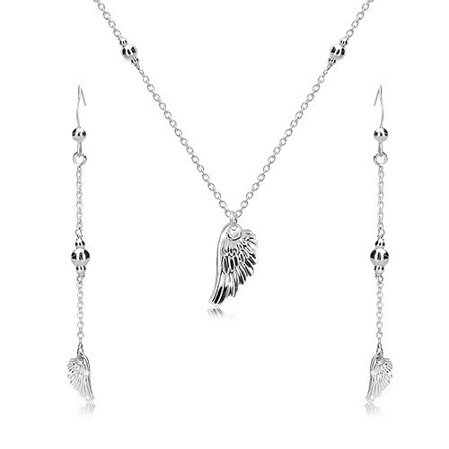Set din argint 925 - cercei și colier, aripi de &icirc;nger și bile lucioase