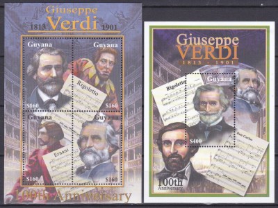 DB1 Pictura Guyana Compozitori Giuseppe Verdi 100 Ani MS + SS MNH foto