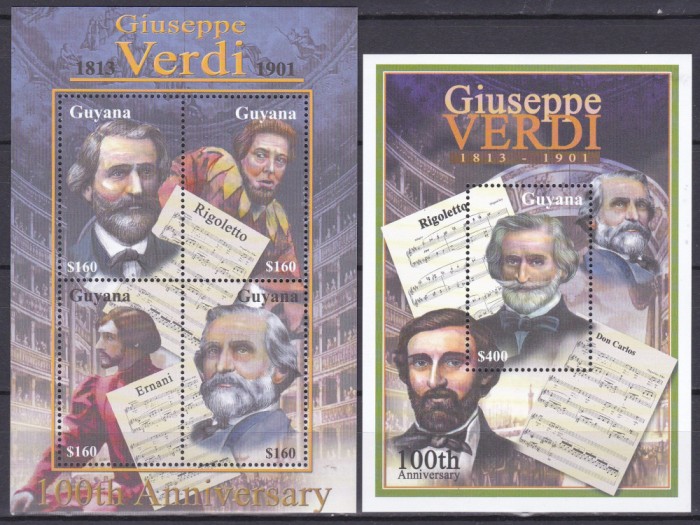 DB1 Pictura Guyana Compozitori Giuseppe Verdi 100 Ani MS + SS MNH