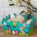 Cos decorativ de Paste din fetru, Turcoaz, cu iepurasi si oua, 22x17x12cm, CMCLASS