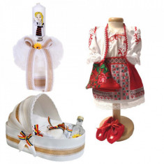 Set botez traditional fetita, trusou botez landou, lumanare si costum