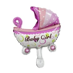 Balon din Folie Metalizata, Mini Figurina, Model Carucior Bebelus, Tematica Gender Reveal, 39x29 cm, Pai Inclus
