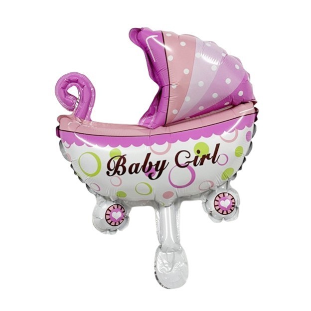 Balon din Folie Metalizata, Mini Figurina, Model Carucior Bebelus, Tematica Gender Reveal, 39x29 cm, Pai Inclus