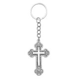 Cumpara ieftin Breloc religios argintiu 10,5 cm cu cruce 5,4 x 3,3 cm, metal filigranat antichizat, port chei pentru femei si barbati sau marturii botez