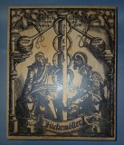 SIPET, CUTIE DIN LEMN GRAVATĂ CU O VECHE IMAGINE ALCHIMICA, HANDMADE