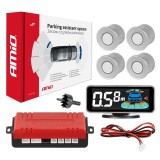 Senzori de parcare argintii cu afisaj LED 3D AMiO, universali pentru majoritatea autoturismelor, 12V DC, detectie 0,3-2,5 m