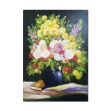 Tablou pictat manual, Carafa cu flori si carte, 70x50cm pictura ulei pe panza, superb