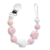 Lănțișor Suzeta, Model Clip și Mărgele, Culoare Roz și Alb, Silicon Alimentar, Lungime 23cm