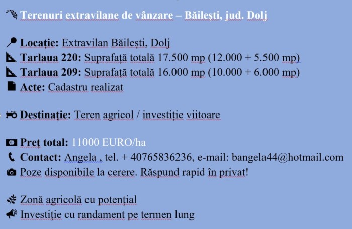 Terenuri extravilane Băilești &ndash; 33500 mp Acte la zi Preț avantajos