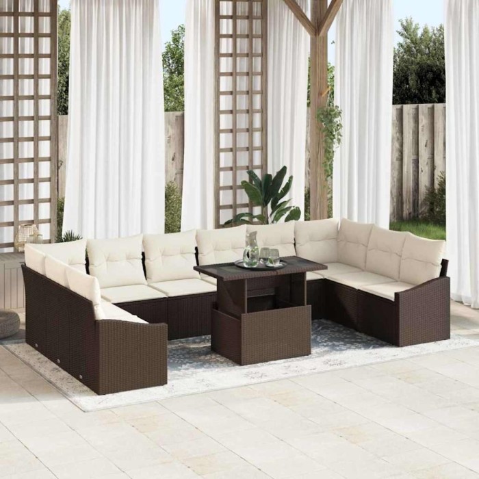 Set de canapele pentru grădină cu pernă 11 pcs maro și crem
