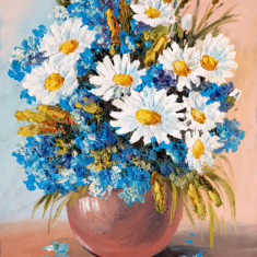 Tablou canvas Flori, margarete, alb, albastru, pictura, buchet3, 105 x 70 cm