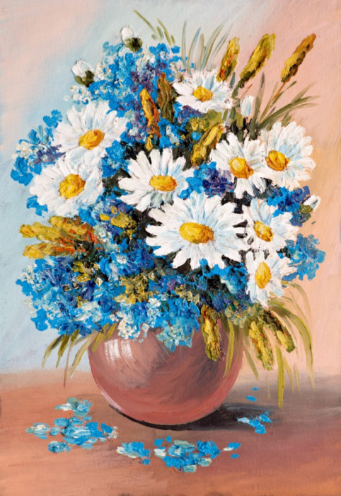 Tablou canvas Flori, margarete, alb, albastru, pictura, buchet3, 75 x 50 cm